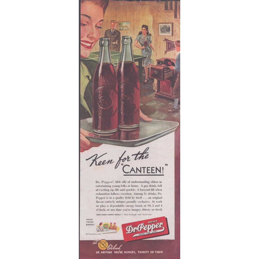 Vintage 1940s Dr Pepper Print Ad Keen for the Canteen 10-2-4 Soda Advertising